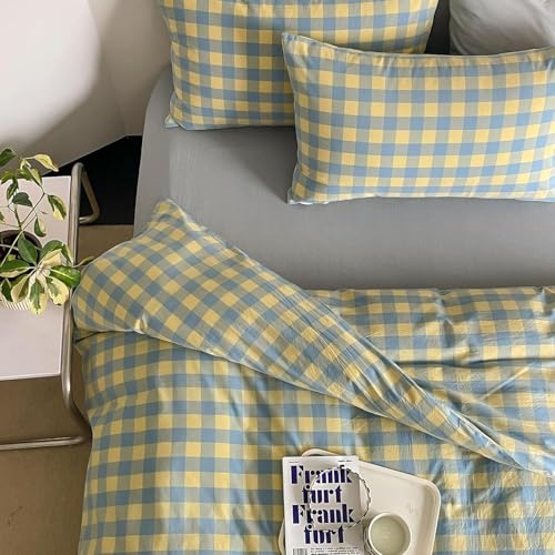 Image of mixinni Plaid Duvet Cover Set King Yellow - Soft Washed Cotton Modern Geometric Bedding Set with 2 Pillowcases, Blue Green Gingham Grid King Duvet Cover for Men & Women, Soft & Lightweight