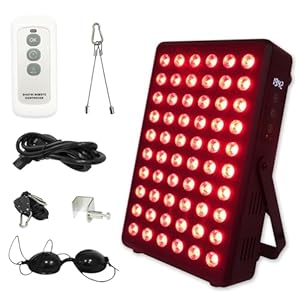 Panel de terapia de luz roja para cuerpo y cara, 660 nm rojo 850 nm y panel infrarrojo cercano temporizador incorporado, 60 LED de alta potencia, promueve el sueño, mejora el cuerpo, alivia la fatiga muscular (E300-negro)