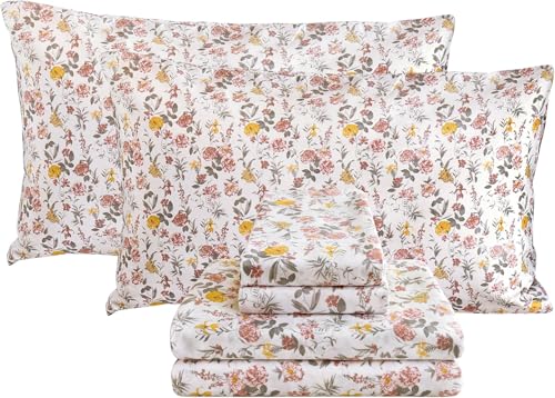 Viviland Juego de sábanas Florales tamaño Queen, 4 Piezas, Color Rosa y Amarillo, sábanas de Microfibra cepillada Suave y Transpirable, sábanas y Fundas de Almohada, sábanas bajeras sin Arrugas con