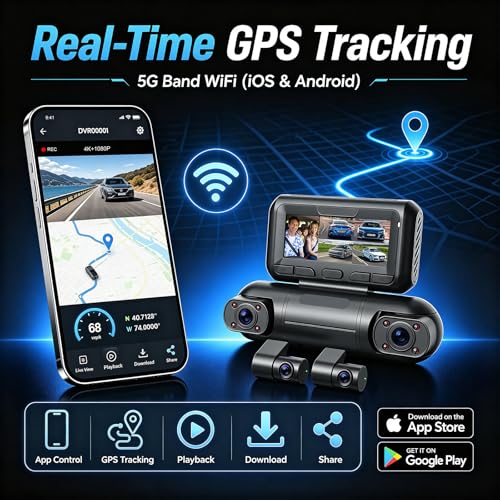 Image of PRUVEEO 5 Channel Dash Cam Front and Rear Inside Left Right, 4K 360 Dash Camera for Cars, Built-in GPS WiFi Night Vision, 24 /7 Recording Parking Mode Monitor, 128G Card Included