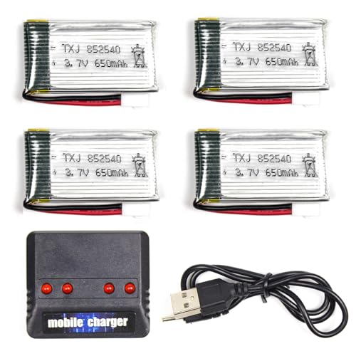 Cheerwing 4pcs 3.7V 650mAh Lipo Battery and 4-in-1 Charger for Syma X5 X5C X5C-1 RC Drone Parts