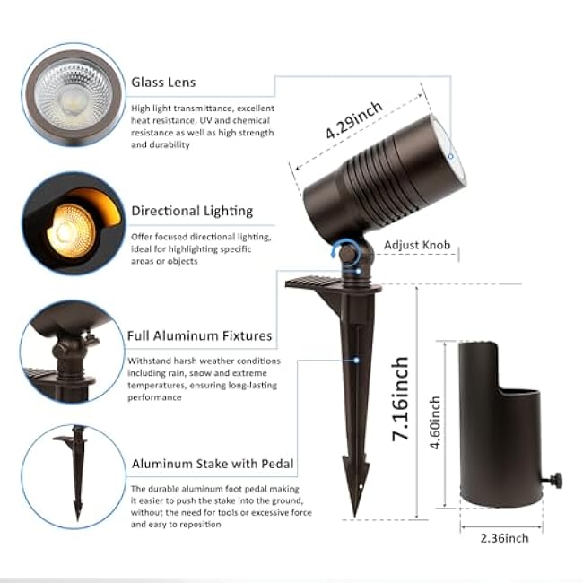 Low Voltage Landscape Lighting, 5CCT Low Voltage Landscape Spotlights, 12V Uplighting Outdoor Wired, 7W LED Spot Lights Outdoor for Tree Wall Flag with Adjustable Beam Angle (Bronze, 6)