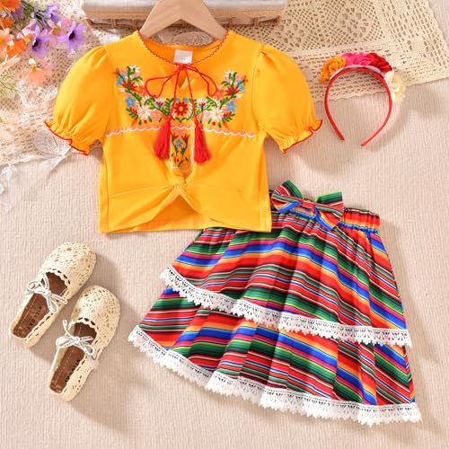 Image of HIHA Toddler Little Girls Mexican Embroidered Skirts Outfit