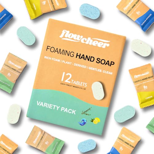 Image of flowcheer Foaming Hand Soap Refill Tablets, 12 Pack (Makes 12 x 9 fl oz), Variety Fragrance Soap Tablets, Fresh & Clean Handwash, No Plastic Bottle