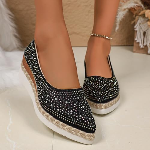 Rhinestones Wedge Shoes for Women 2025 Dressy Espadrilles Wedges Pumps Fashion Closed Pointed Toe Slip On Bling Sparkly Platform Loafers Comfortable Walking Wedding Party Dress Shoes2