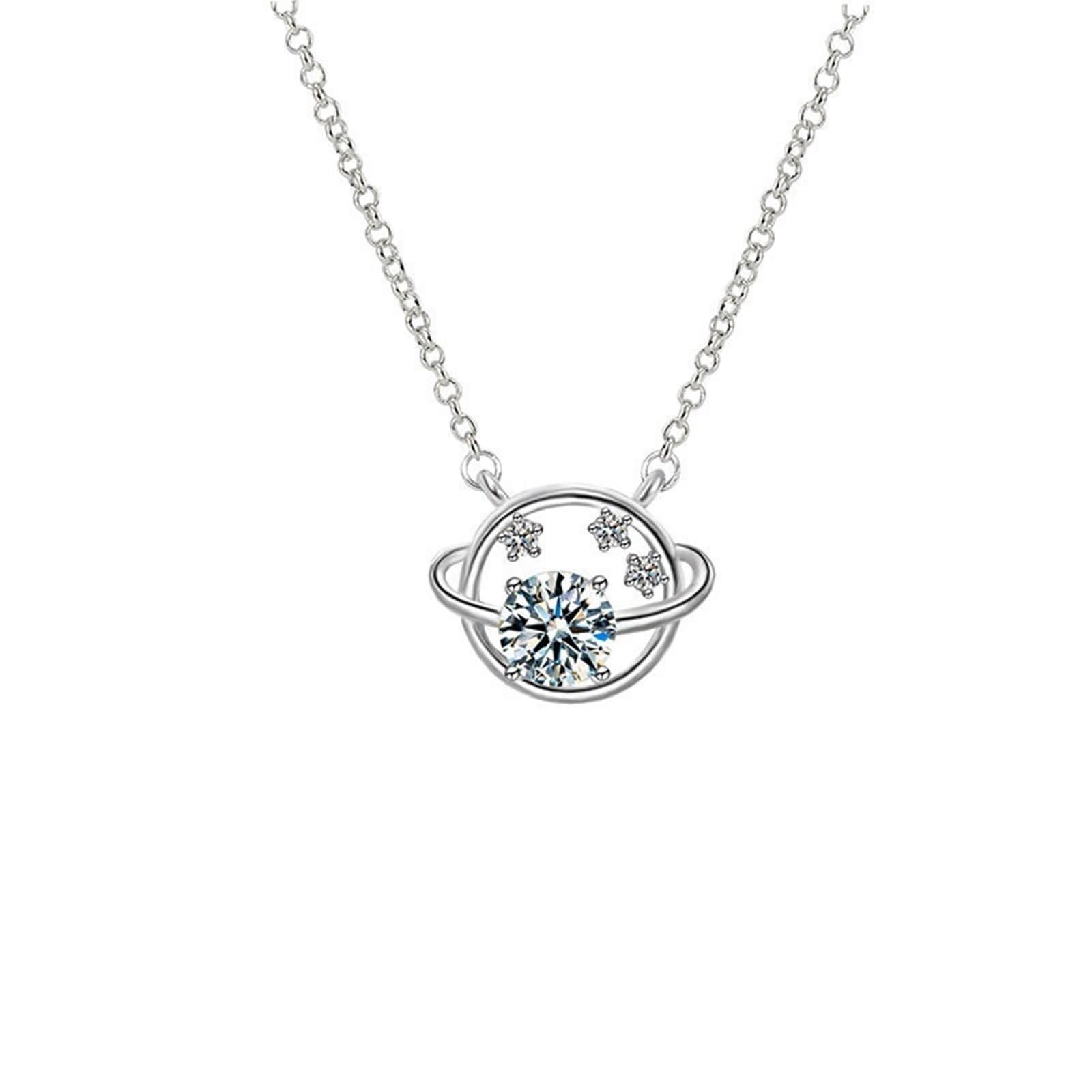 Colgante Collar Oro Blanco Mujer 9K / 14K / 18K, Planeta y Estrella con Diamante Creado y Moissanita, Colgante de Plata de Mujer