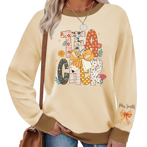 IZI POD Personalized Teacher Pumpkin Shirt, Custom Fall Sweatshirt, Fall Coquette Bow, Autumn Teacher Tee, Gift for Women