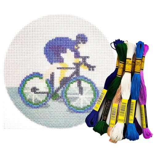 Image of Howie's Needlepoint Needlepoint Kits, 18CT Printed Embroidery Pattern Starter Kits, Stamped Patterns Canvas Kits(Cyclist on Road,4x4inch)