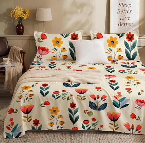 Image of BSB HOME 240 TC Cotton Bedsheet with 2 Pillow Covers, Soft Breathable Floral King Size Flat Bed Sheet - 90 x 100 Inches (228 x 254 cm) (Warm Alabaster)