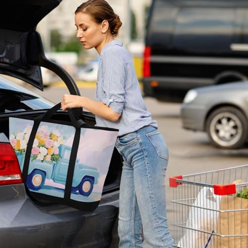 Truck Flower Watercolor Large Insulated Tote Bag for Grocery Shopping Reusable Tote Bags for Women Men, Cooler Bag with Zippered Top & Handles for Beach Picnic Travel4
