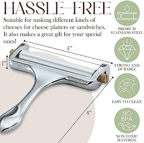 Bellemain Stainless Steel Wire Cheese Slicer - Hand Held Cheese Cutter for Cheddar, Gruyere, Raclette, Mozzarella Cheese Block, Adjustable Cheese Shaver, Thick & Thin Slicer, Cheese Curler (Silver) 4 Bellemain Stainless Steel Wire Cheese Slicer - Hand Held Cheese Cutter for Cheddar, Gruyere, Raclette, Mozzarella Cheese Block, Adjustable Cheese Shaver, Thick & Thin Slicer, Cheese Curler (Silver)
