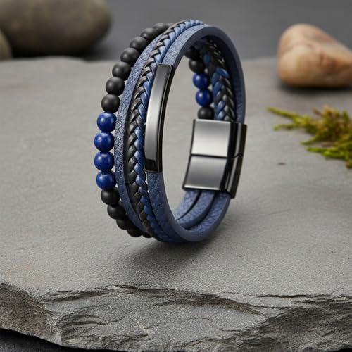 Image of Black Braided Leather Bracelet For Men