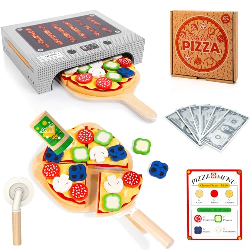 WOODMAM Pizza Toy Set Montessori Realistic Play Food with Oven Box Educational Learning Toys for Preschoolers Toddlers Age 3 4 5 6 Christmas Birthday Gift for Kids