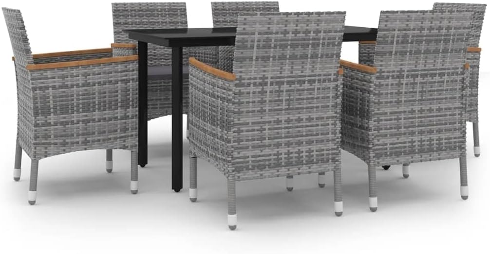 vidaXL Patio Dining Set 7 Piece with Cushions Garden Outdoor Lawn Yard Terrace Balcony Seat Seating Furniture Poly Rattan and Glass