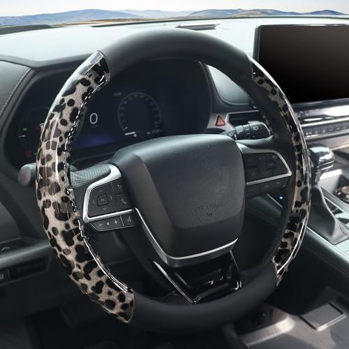 KAFEEK Black Leopard Cheetah Steering Wheel Cover Universal 15 Inch Anti-Slip PU Leather Car Steering Wheel Protector for Men Women Fit for Cars Auto SUVs