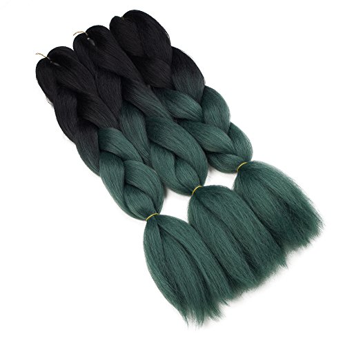 Synthetic Yaki Straight Ombre Jumbo Braiding Hair Extensions High Temperature Fiber Crochet Braids Hairstyles (Black Dark Green)