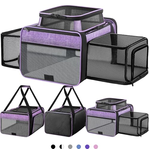Top and 2 Sides Expandable Pet Carrier 17x11x9.5, TSA Airline Approved Small Dog Carriers for Small Dogs, Soft-Sided Cat Carrier with Self-Locking Zippers for Kitten,Rabbit, Puppy, Guinea Pig Purple