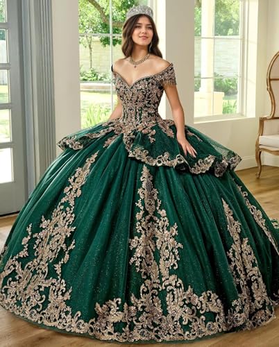 Glitter Tulle Quinceanera Dresses with Train Bow Puffy Ball Gown Off The Shoulder Prom Dress for Sweet 15 163