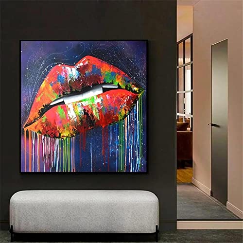 dsdsgog Modern Colorful Women Lips Paintings on Canvas Abstract Graffiti Prints Posters for Living Room Home Pictures Decor 20x20cm Frameless