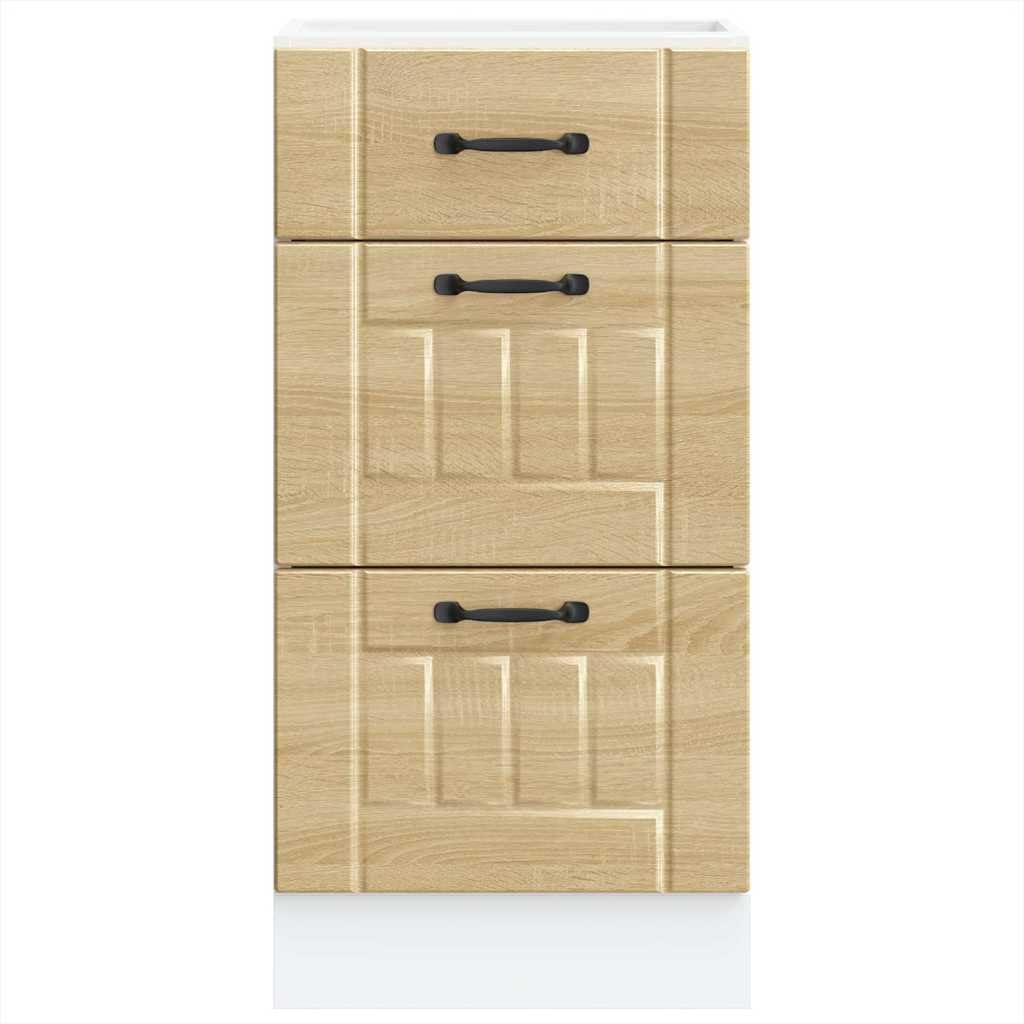 Lucca - Mobiletto da cucina in legno di rovere Sonoma, con vano portaoggetti, piedini regolabili, cassetto e porta, armadietto compatto per cucina, sala da pranzo, dispensa e organizer