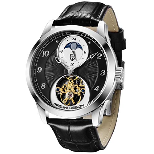 Pagani Design Luxury Brand Men Automatic Watch Genuine Leather Tourbillon Wristwatch Skeleton 100M Waterproof Moon Phase Clock Male PD-1650 (Gold Black)