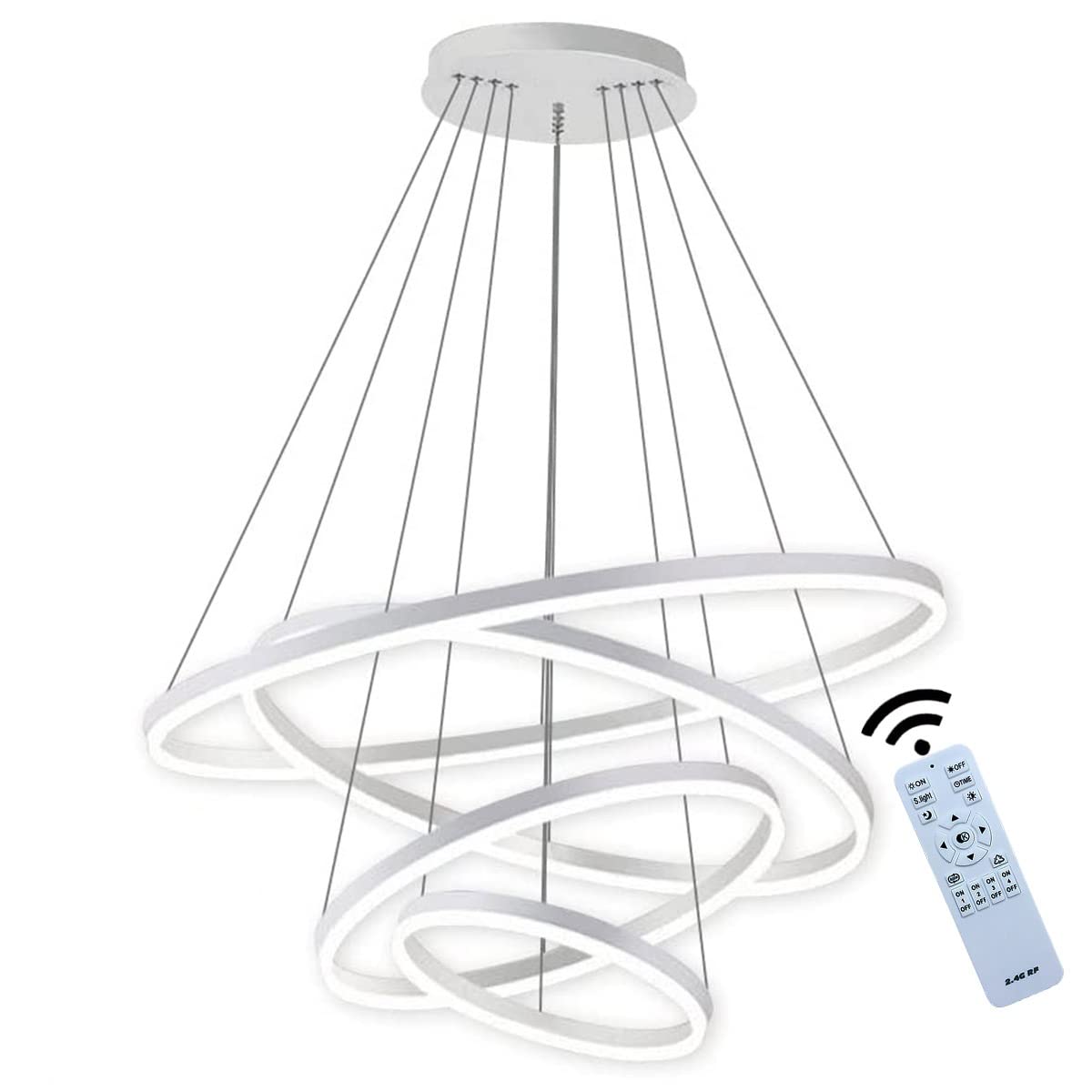 J.SUNUN Led Ceiling Lighting Modern 4 Rings Pendant Light 108W 5400LM Dimmable with Remote Control 3 Color Round Metal LED Chandelier for Living Room Bedrooms Dining Room Office White 20+40+60+80CM