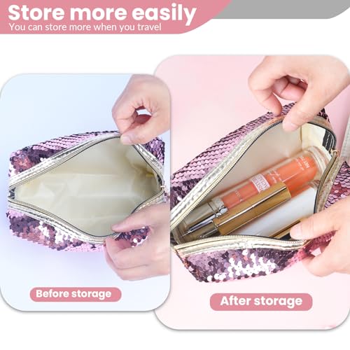 Magic Sequin Travel Cosmetic Bags Reversible Glitter Makeup Organizer Bag Purse for Women(Pink)4