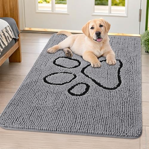 Image of Smiry Dog Door Mat for Muddy Paws, Absorbent Dirt Trapper Non Slip Quick Dry Washable Chenille Mat for Mud Dogs, Entry Rug for Indoor and Outdoor (40x32 Inches, Grey and Black)