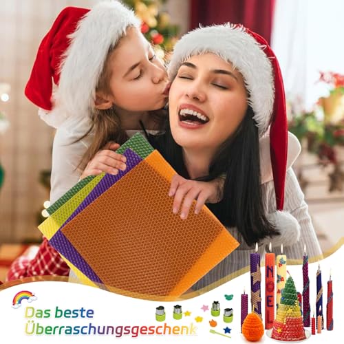 Bienenwachsplatten für Kerzen 12 Stück, 20x20 cm Wachsplatten Regenbogen zum Verzieren von Kerzen für Selbstgestalten, Kerzenwachs Platten für Ostern & Kommunion mit Formen, Kinderscheren & Anleitung