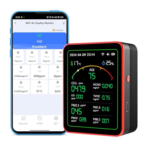 WiFi Smart Air Quality Monitor: 15-in-1 Indoor Air Quality Meter Detects PM, CO2, TVOC, HCHO, PM, AQI, Temp and Humidity, Thermometer Humidity Monitor with App Control, for Smart Home Automation
