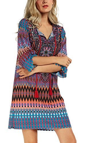 Image of Women Bohemian Neck Tie Vintage Printed Ethnic Style Summer Shift Dress
