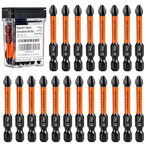 Image of COMOWARE 2 Inch PH2 High Magnetic Impact Screwdriver Drill Bit Set, 21PCS, #2 Anti-Slip Phillips Bits, S2 Steel, Phosphating Driver Bit Set with CNC Magnetic Impact Bits for Power Drill