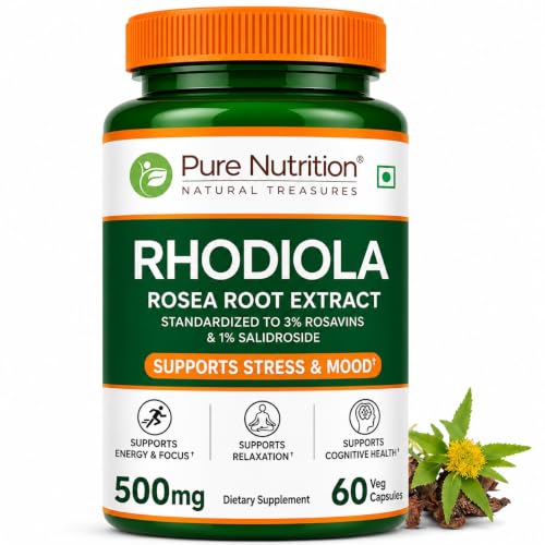 Image of Pure Nutrition Rhodiola Rosea Root Extract (500mg) - 60 Veg Capsules | Standardized to 3% Rosavins & 1% Salidroside | Supports Energy, Focus, Relaxation & Cognitive Health