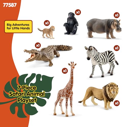 Image of Schleich Wild Life - 7PC Savannah Animal Toy Bundle | 77763 | African Wildlife Playset, Zebra Giraffe Monkey Alligator Cheetah Hippo Lion Figurines