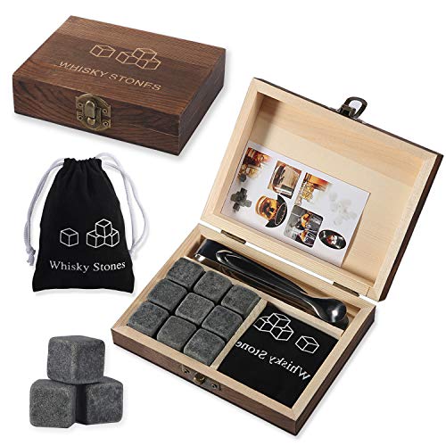 MiaCara Chilling rock Gift Set - 9 Granite Whiskey Rocks - Velvet Storage Pouch and Stainless whiskey Stones Steel Tong in Wooden Gift Box