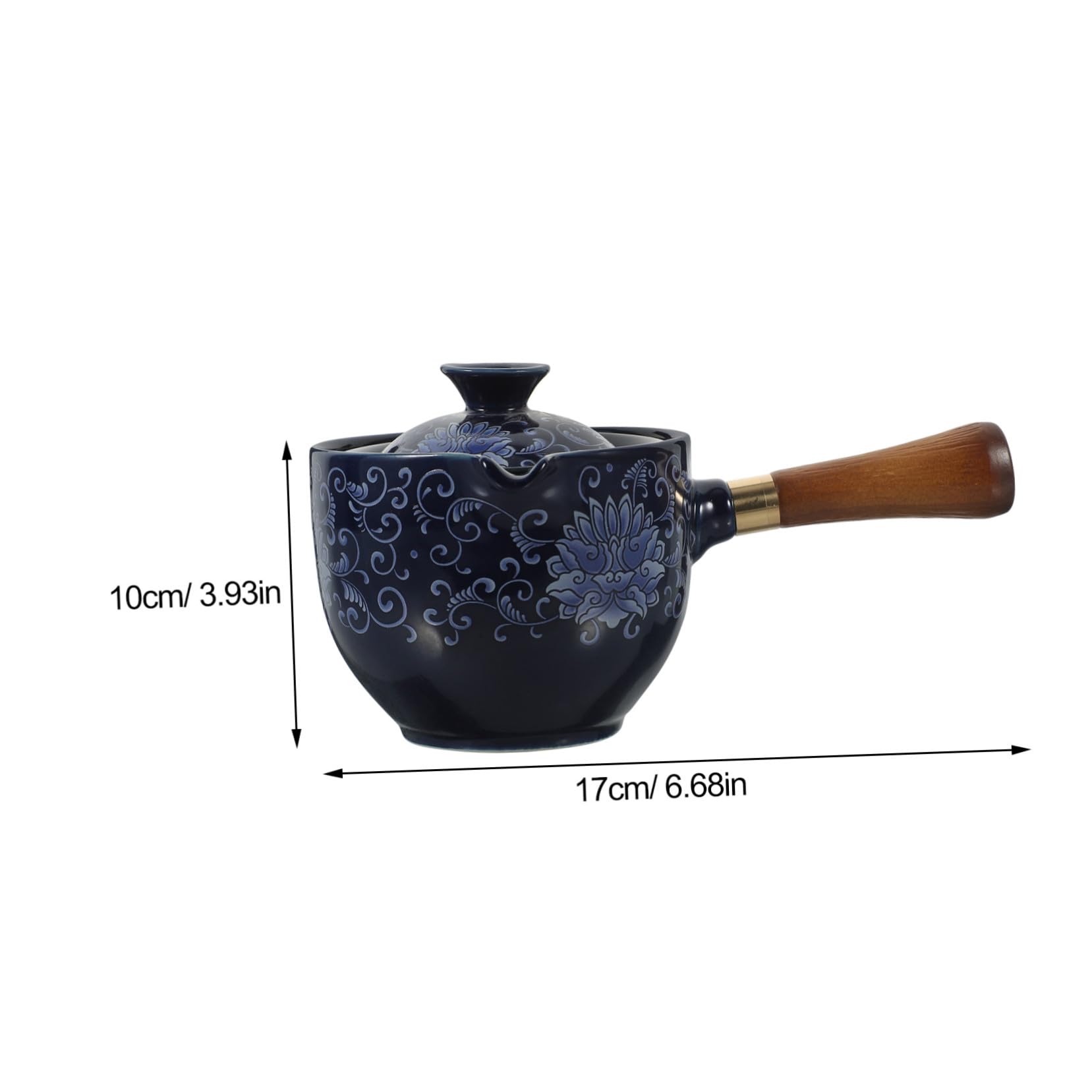 Tetera Giratoria China de Cerámica Asa Lateral 290 Ml | Color Azul Marino, Tapa de Madera, Diseño de Rotación 360 Grados, Uso en Mesa de Oficina y Escritorio
