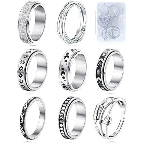 Spinner Ring for Anxiety 8pcs Stainless Steel Fidget Rings Anti Anxiety Ring Spinning Moon Star Cool Stress Relieving Rings Cover