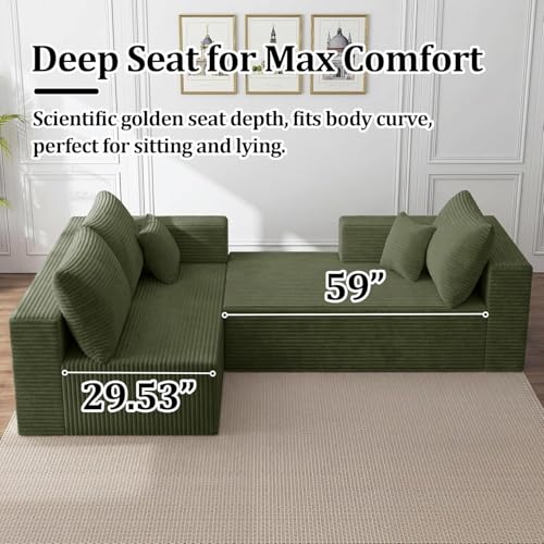 Image of 138 inch Modular Sectional Sofa, Modern U-Shaped Cloud Couch, Soft Corduroy Boneless Couch with 3060 High Rebound Memory Foam, Sectional Couches for Living Room,Green (Right Facing Chaise)