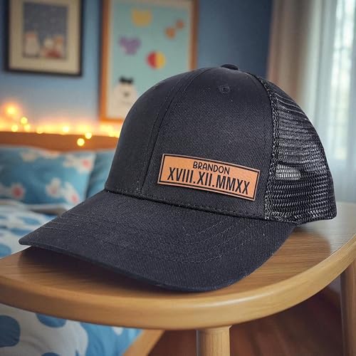 Custom Kids Hat with Name and Roman Numeral Date, Personalized Trucker Cap for Boys, Toddler Birthday or Milestone Gift, Adjustable Youth Hat Black3