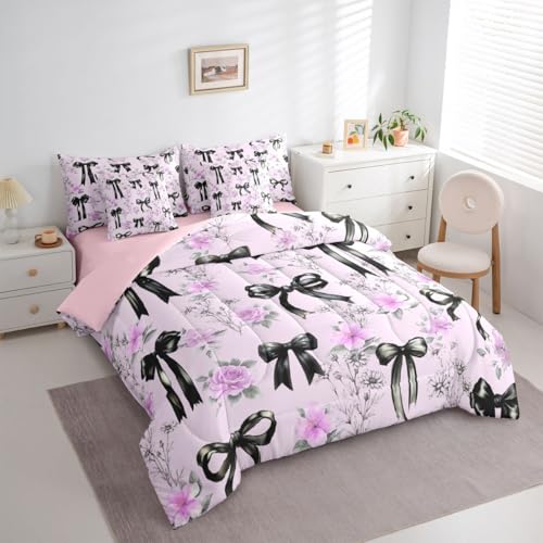 Image of Black Bow Tie Queen Comforter Set with Sheets | Boho Flowers Pink Floral 7 Piece Bedding Set Princess Bow Bed in a Bag, Girly Dreamy Ribbon Bowknot Room Decor,Cute Room Decor Aesthetic Kawaii