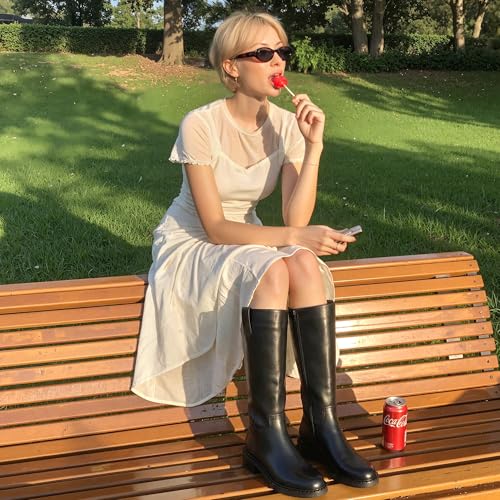 Image of KaroNairy Women Knee High Boots Faux Leather Long Boots Low Chunky Heel Square Toe Side Zipper Fall Tall Boots