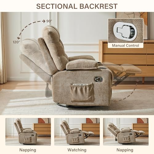 Image of Manual 360Swivel Rocker Recliner Chair,Single Recliner Seat with Cup Holders,Recliner Chairs for Adults, Upholstered Fabric Lazy Boy Recliner for Bedroom,Living Room,Brown