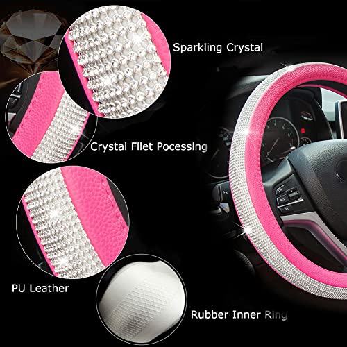 ChuLian Bling Diamond Car Steering Wheel Cover with Crystal Rhinestones Universal 15 Inch for HRV CRV Accord Corolla Prius rav4 Tacoma Camry Fusion Focus (Rose Red)