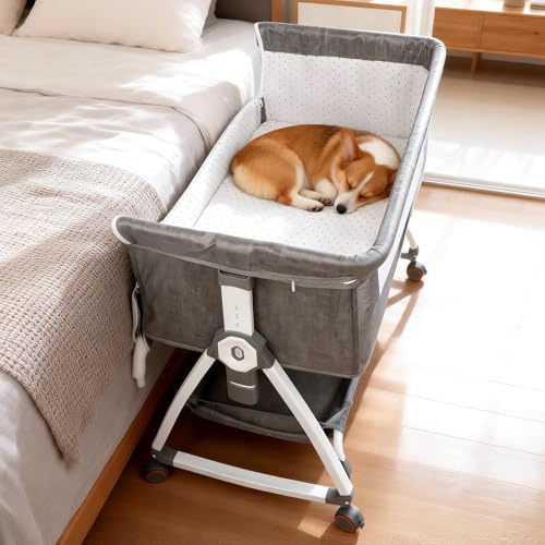 YUEPET Bedside Dog Bed Sleeper 6-Level Adjustable Pet Bassinet with Lockable Wheels Removable Washable Cover Breathable Mesh & Large Storage Extension for Small Medium Dogs Cats (35 21.7