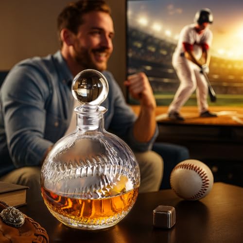 Image of Baseball Whiskey Decanter with Glass Stopper 33.8oz /1000ml Round Shaped Decanter for Whiskey, Bourbon, Brandy, Liquor, and Rum Suit for Dad Him Boyfriend Husband Baseball Lovers