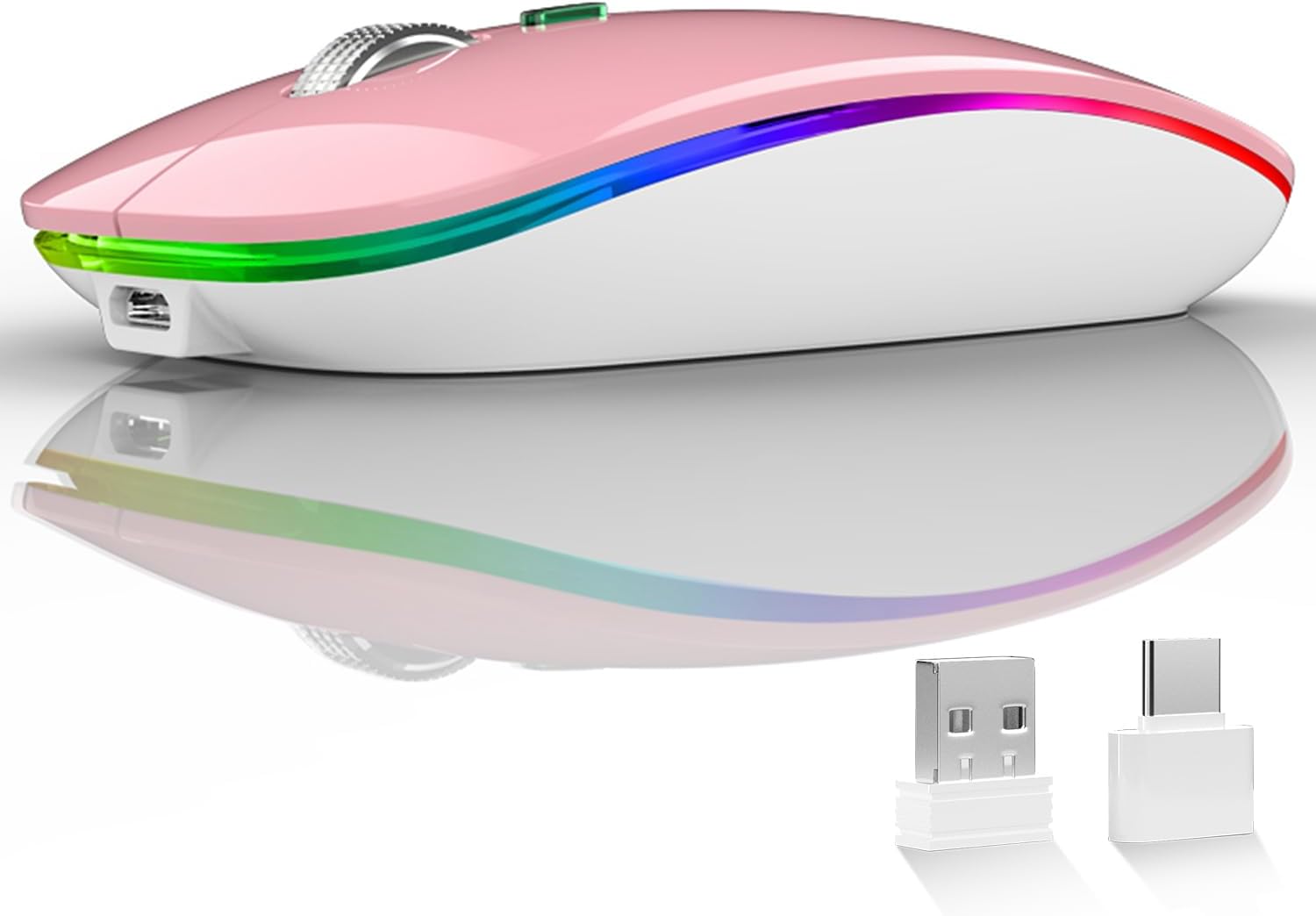 Uiosmuph LED Wireless Mouse, G12 Slim Rechargeable Silent Mouse, 2.4G Portable USB Optical Wireless Computer Mice with USB Receiver and Type C Adapter (Pink)