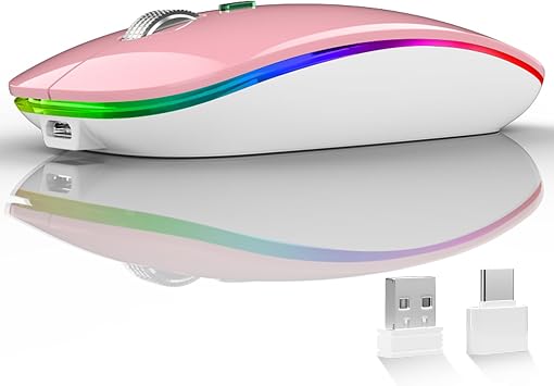 Uiosmuph LED Wireless Mouse, G12 Slim Rechargeable Silent Mouse - Pink | 2.4GHz Optical, USB C Charging, Quiet Click, LED, Portable, 1600DPI, USB Receiver, Type C Adapter, Cordless, for Laptop/Mac