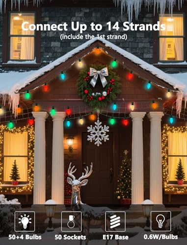 Image of Vintage C9 LED Christmas Lights Outdoor, 50Ft C9 Multicolor Christmas String Lights with 52 Shatterproof LED Bulbs, Hanging Patio Lights for Backyard Roofline Garden Party Pathway Xmas Decorations