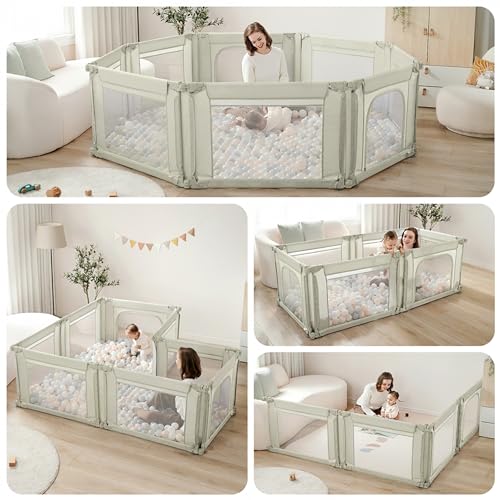 Image of Sweeby Modular Baby Playpen, Customizable & Foldable Playpen for Babies and Toddlers with Easy Access Gate, Portable Indoor & Outdoor Play Yard, Adjustable Shape Kids Activity Center (79 inchx71 inch, Beige)