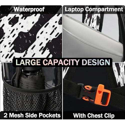 Vintage Abstract Black Clear Backpack for Stadium Events, Cow Print Waterproof Clear Bag for Women Men Adult Sport Work Daily Music Festival and Concerts3